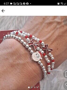 I AM Christmas Bracelet Set Silver Red Pearl Beads Elastic Charm Bracelets